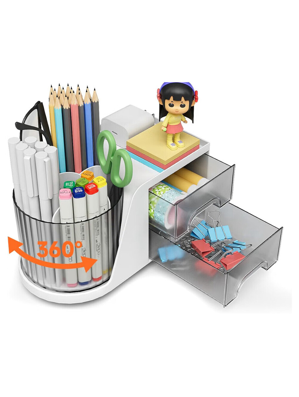 Desk Organizer with 2 Drawer 360°Rotating Pen Holder Desk Organizer Beige
